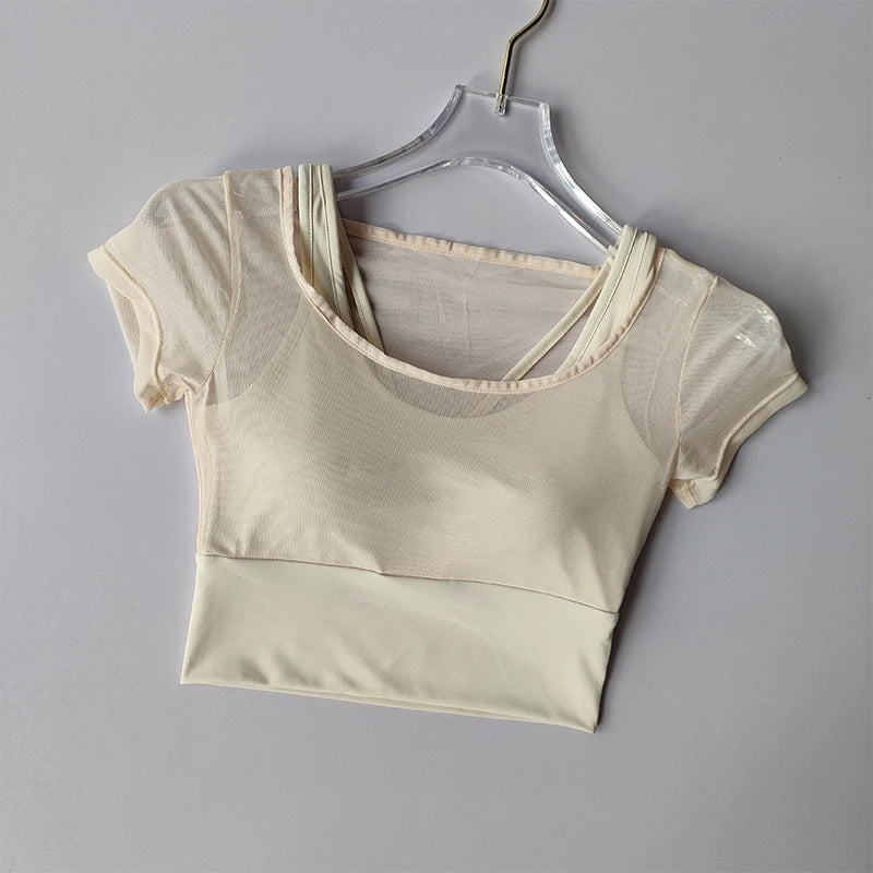 Women's Mesh Yoga Shirt Sexy Short Sleeve T-Shirt Pad Sport Top Blouse Quick Dry Gym Shirts Running Fitness Tank Shirt Yoga wear