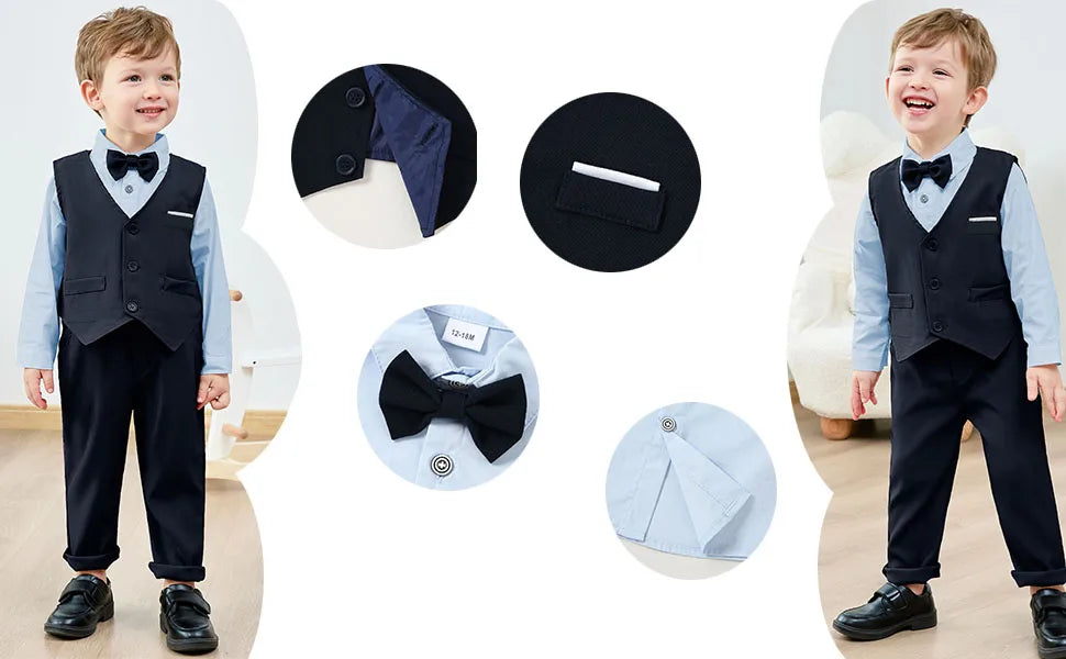 Toddler Baby Boy Suit Formal Wedding Outfits Gentleman Clothes Long Sleeve Shirt + Suspender Pants + Bowtie 1-5T
