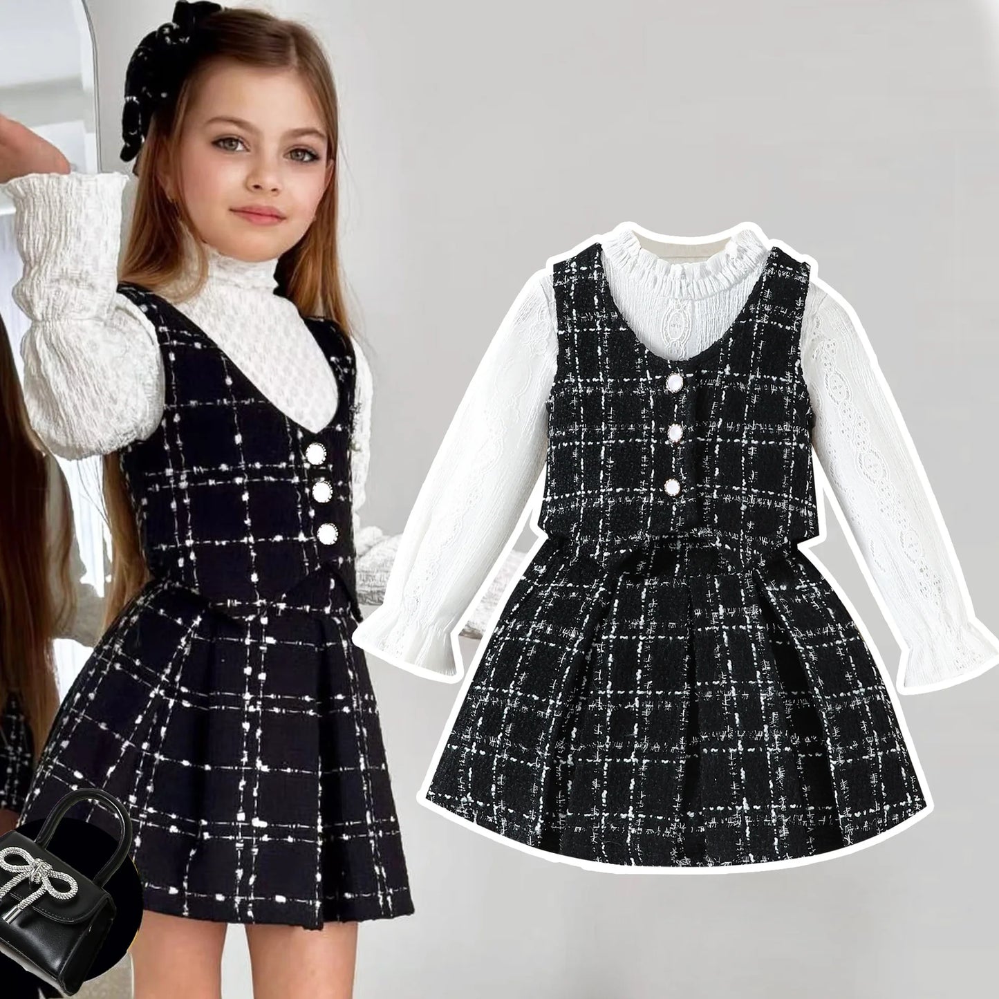 Baby Girl Spring and Autumn High Neck Long sleeved Dress 3 Pcs Set Vest+Base Coat+Short Skirt Children Clothing Age For 2-7 Year