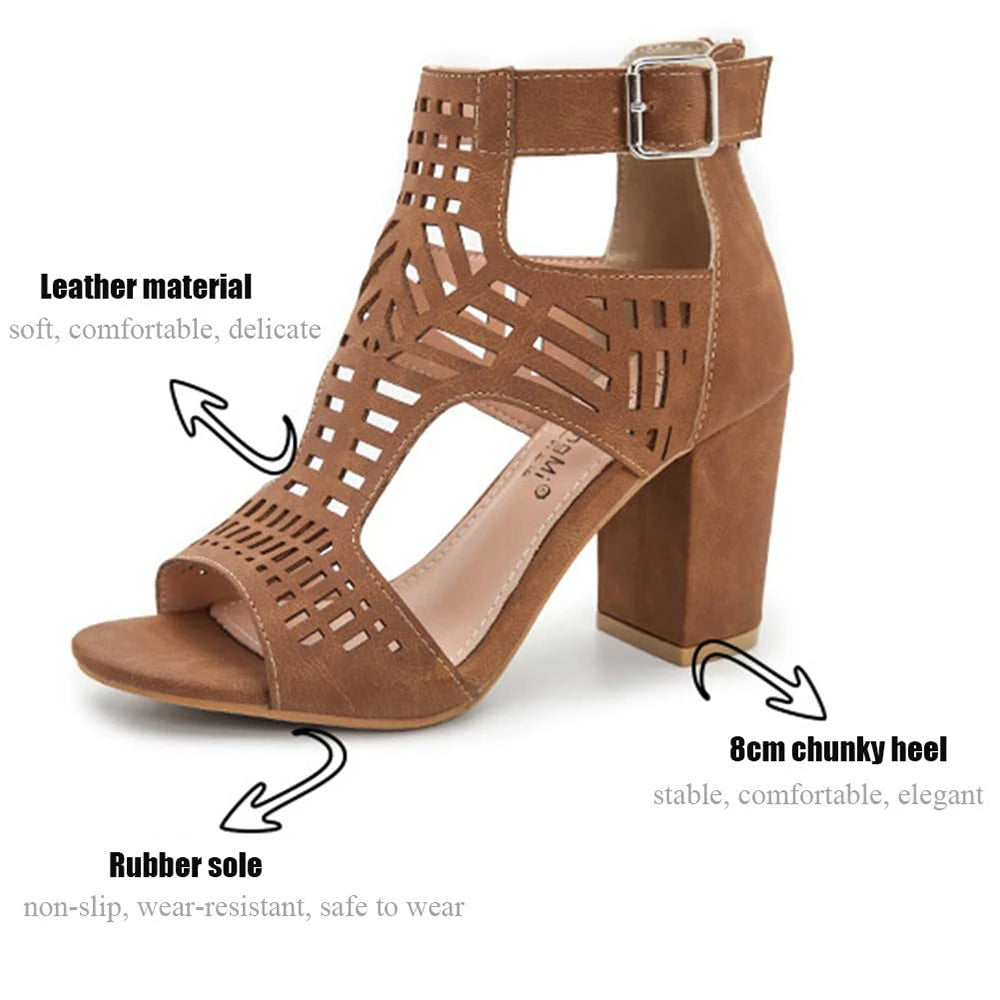 DoraTasia New Fashion Concise Women's Buckle High Heel Sandals Retro Hollow Out Design Chunky Heel Nightclub Ladies Sandals
