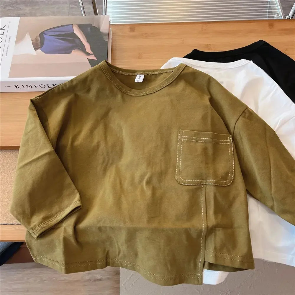 Autumn Boys Long-sleeved T-shirt Spring and Autumn 2023 New Children's Solid Color Irregular Bottoming Shirt Baby Inner Tops
