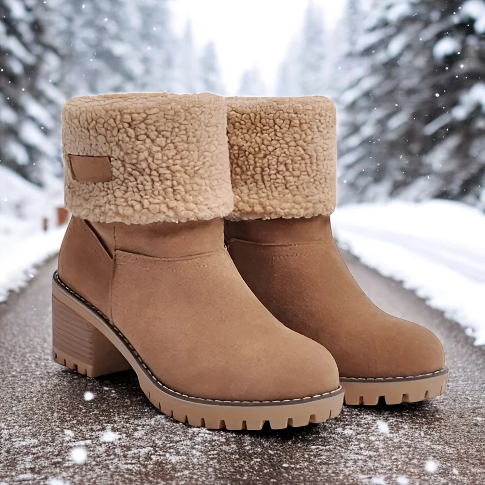 Winter Faux Fur Snow Boots For Women Platform Block Chunky Heels Pull On Comfortable Outdoor Suede Warm Boots