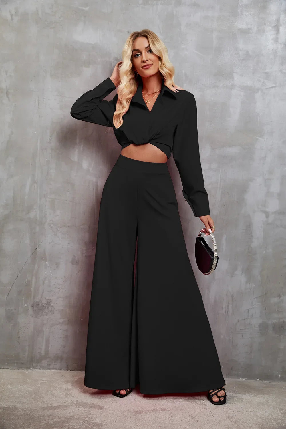 2024 New Women Set Solid Color Long Wide Leg Pants Women's Two-piece Set Fashion Casual Long Sleeves Shirt Jacket Suit Autumn