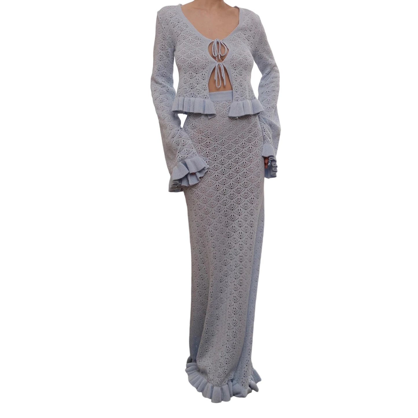 Women s Two Piece Outfit Stylish Long Sleeve Tie Front Top with Ruffled Bodycon Skirt Set for a Chic Look