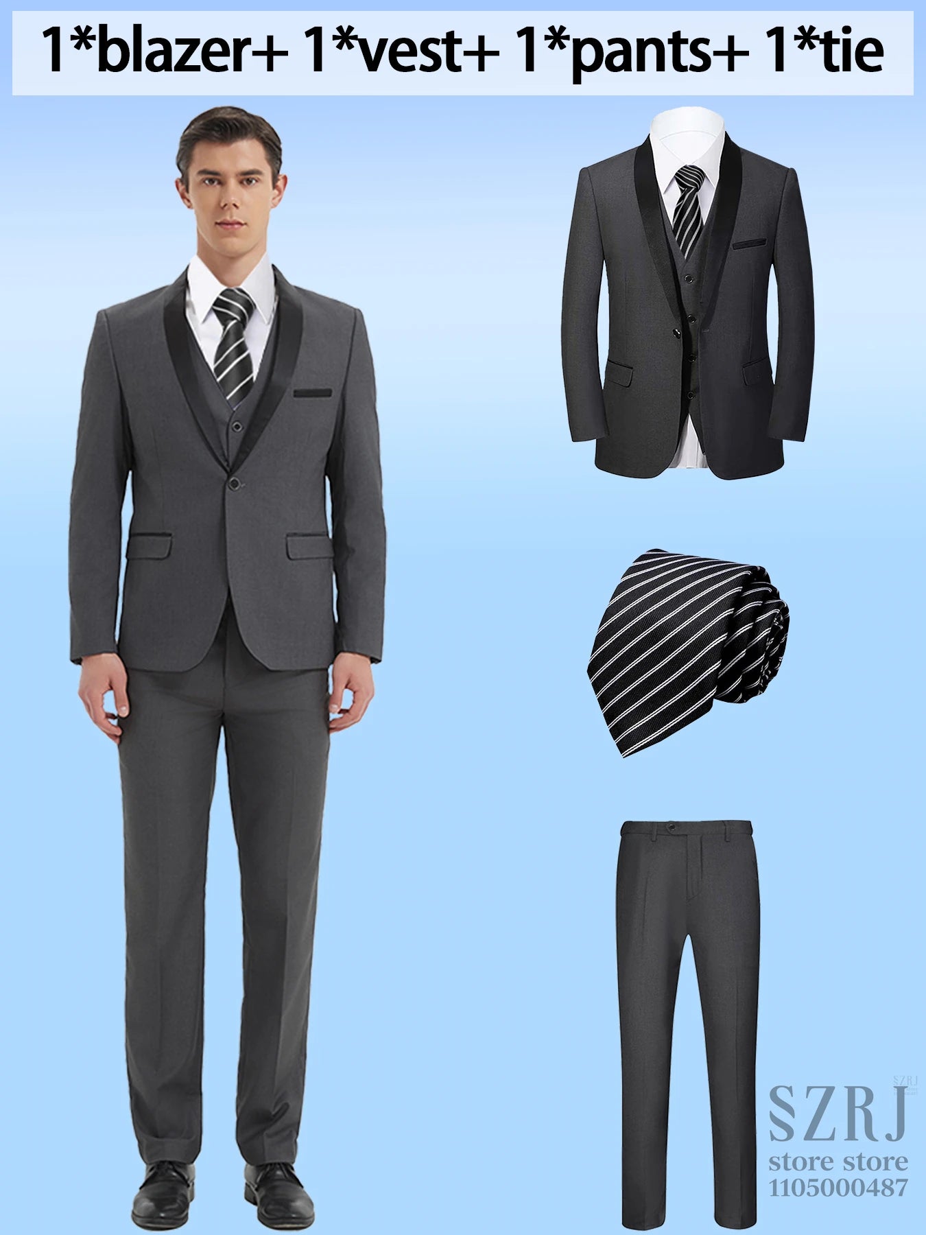 4pcs Men's Suit: Blazer, Vest, Pants, Black Tie. One Button, Plain Color Tuxedo. Regular Fit. For Wedding, Groomsman Attire.