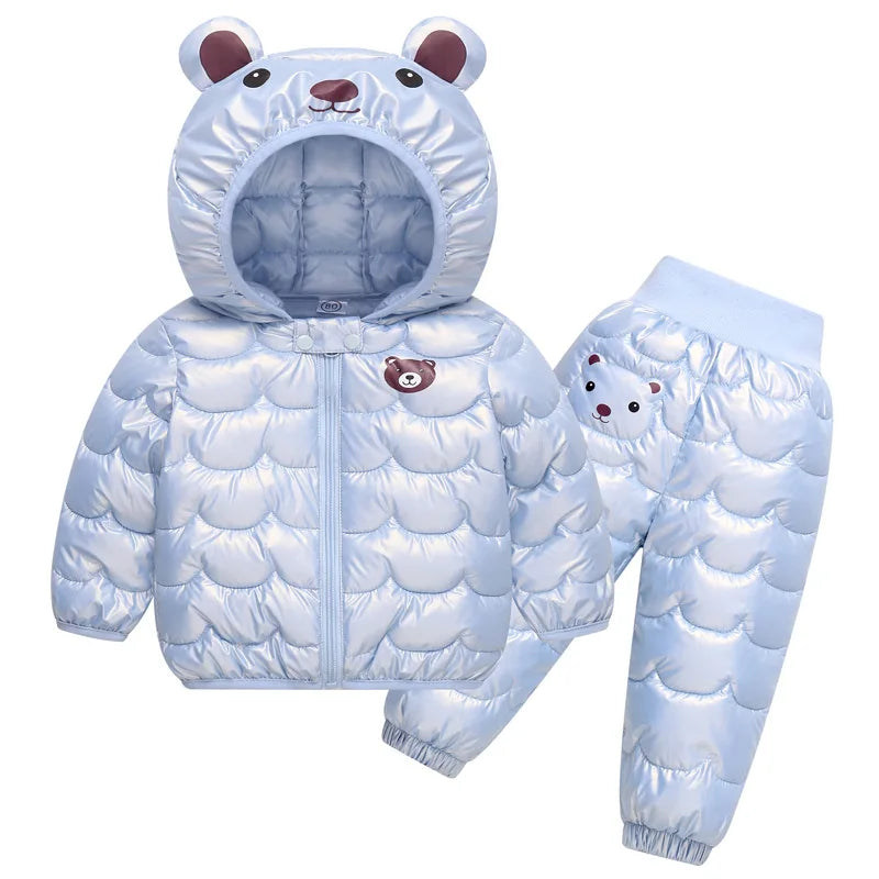 2023 New Children's Winter Set Boys and Girls' Down Coat Cartoon Bear Hooded Coat+Pants Baby Snow Thickened Warm Set 0-5Y