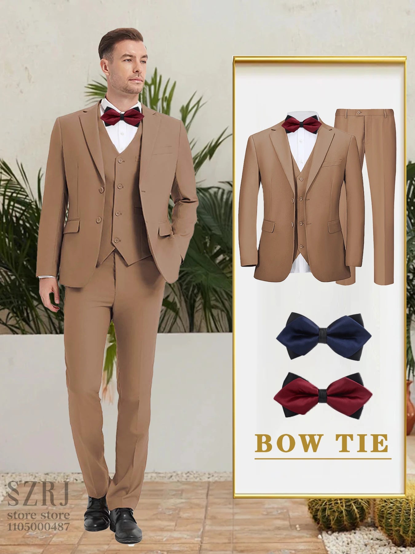 Men's 5-Piece Business Suit Set: Jacket+Vest+Pants+2 Bow Ties (Red+Blue).Premium, Tailored, For Parties, Weddings, Business.