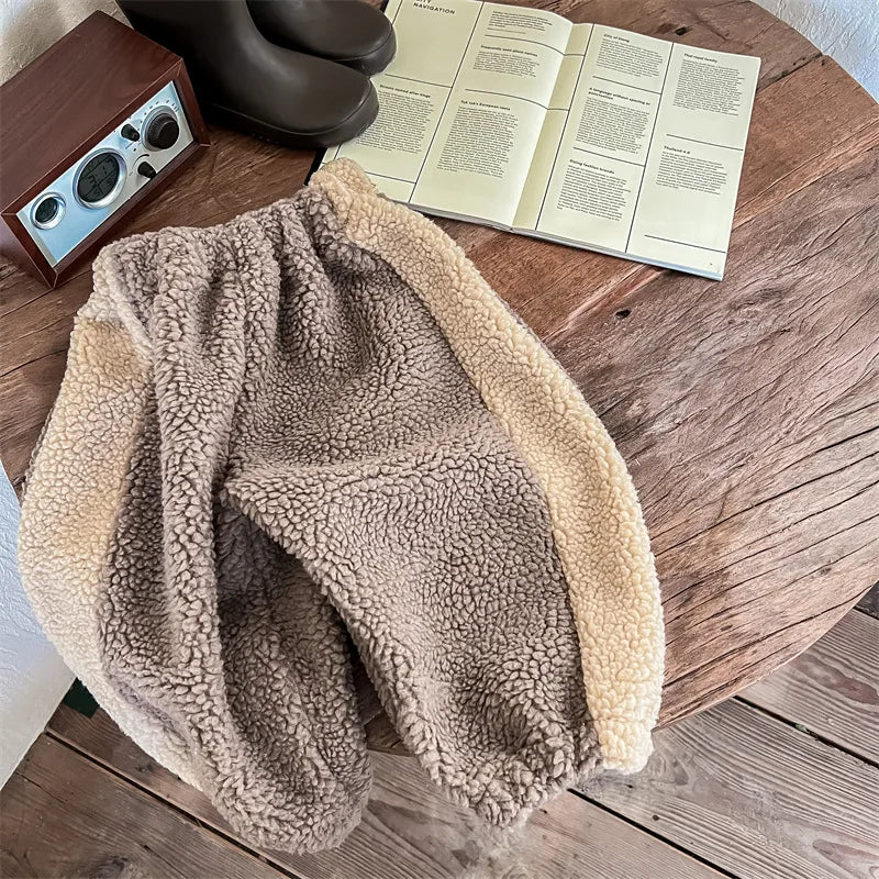 2025 Winter New Children Warm Trousers Baby Loose Lamb Fleece Pants Toddler Girls Casual Pants Solid Baby Boys Harem Pants