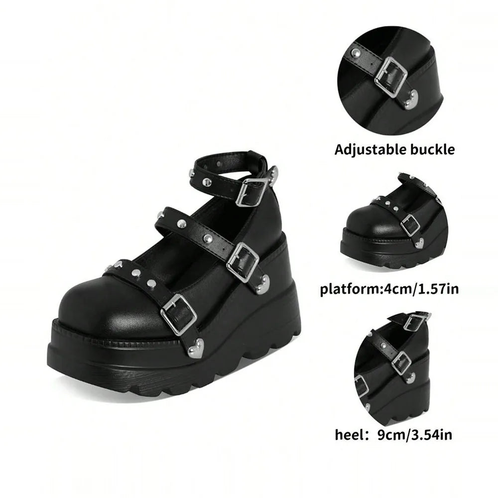 GIGIFOX Women Platform Mary Janes Pumps Buckle Strap High Wedges Heel Shallow Round Toe Shoes Punk Sweet Dress Party Girls Pumps