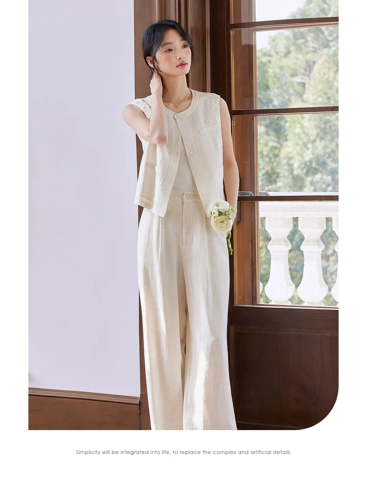 VIMLY Fashion Temperament Suit Women's Summer 2025 New Design Sleeveless Vest Wide-leg Pants Two-piece Set A0820