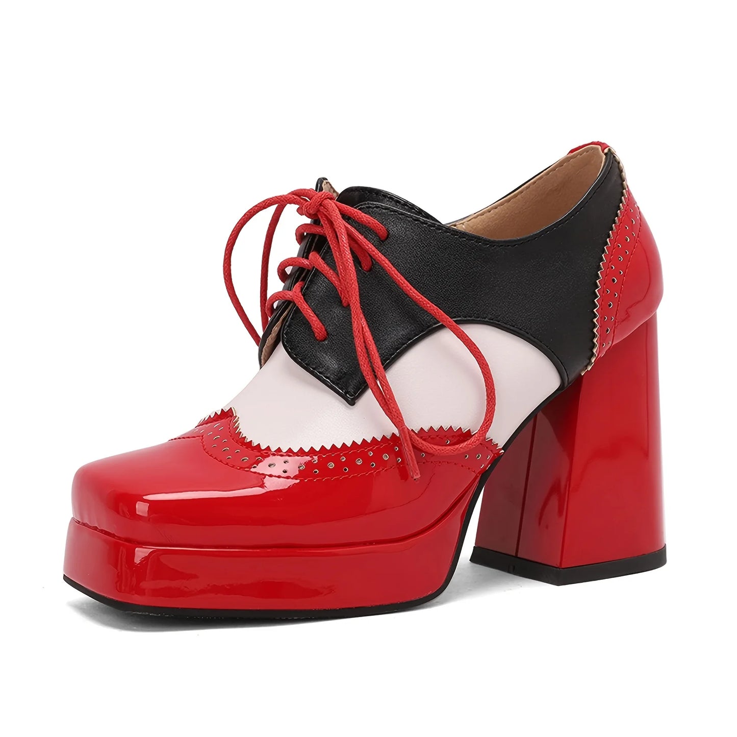 Women's Square Toe Lace-Up Brogue Pumps Fashion Block High Heels Mixed Colors Patchwork British Style Pumps Woman Oxford Shoes