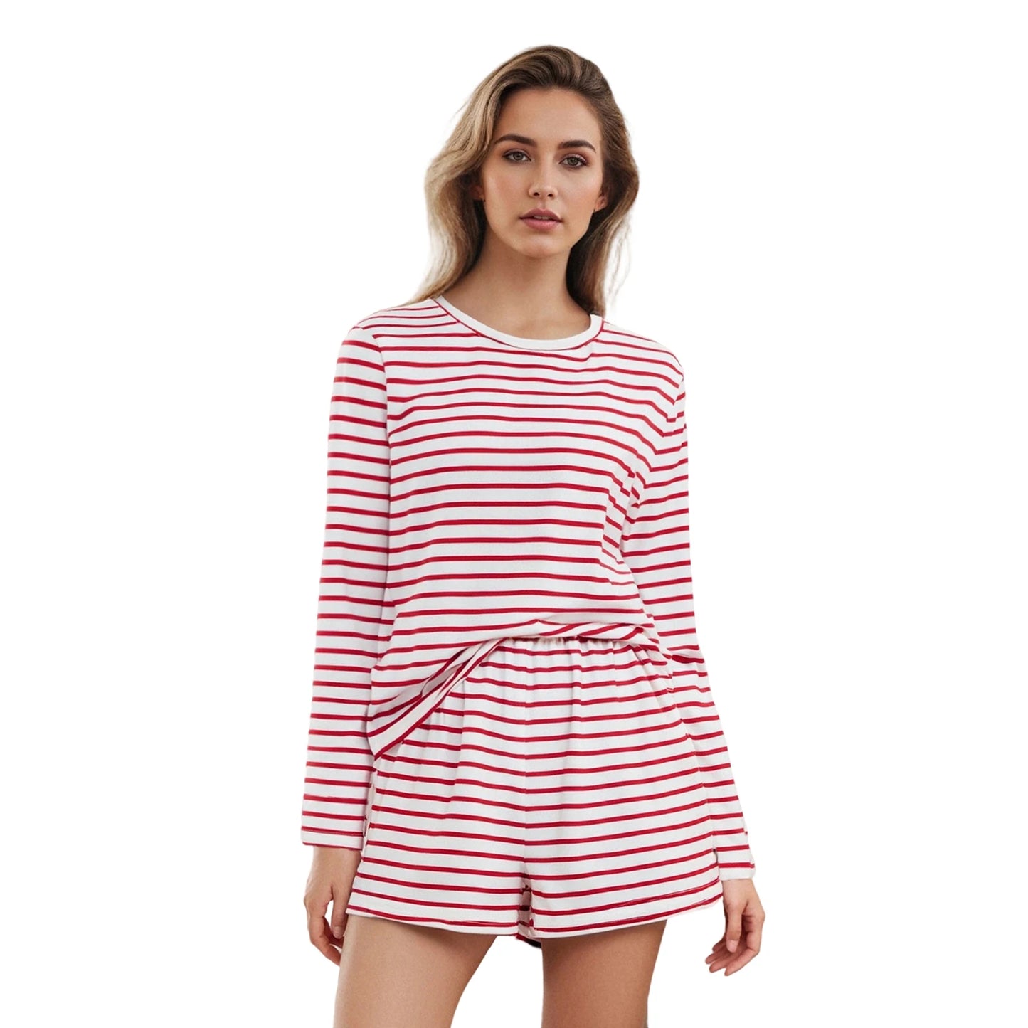Women s Summer Fashion Stylish Striped Long Sleeve Crew Neck Top and Shorts Set for a Casual and Loose Fit Outfit