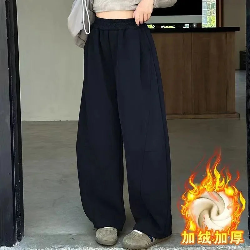 Girls Warm Wide Leg Pants Winter Kids Thick Fleece Lined Trousers Autumn Fashionable Drawstring Sweatpants Children Casual Pants