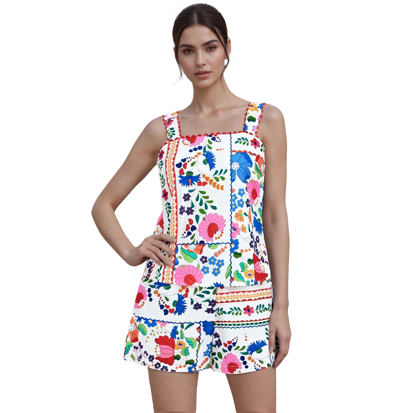 Women s Casual Summer 2-Piece Set with Sleeveless Square Neck Tank Top and Loose Shorts in Floral Print Streetwear Fashion