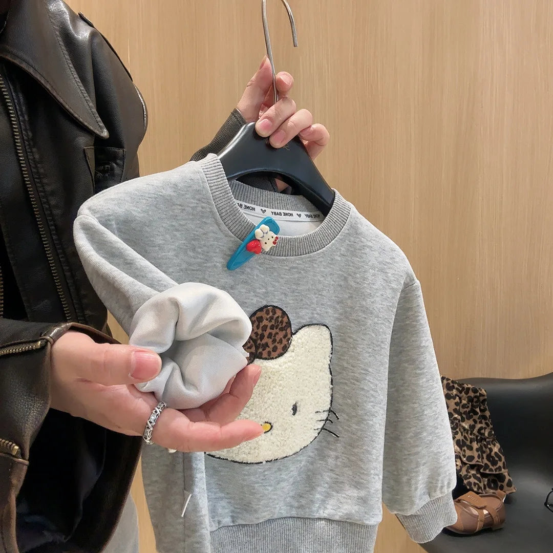 2025 Autumn Baby Girls Clothes Set Kids Hello Kitty Pullover Sweater+Leopard print Tiered Skirt 2pcs Suit Children Casual Outfit