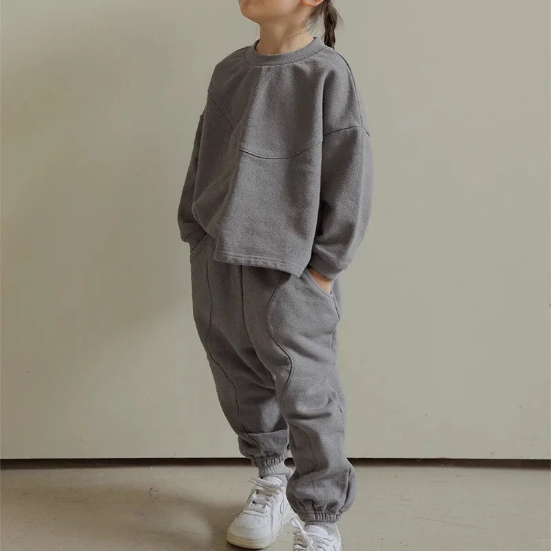 2025 Winter New Children Plus Velvet Thick Clothes Set Solid Boys Girls Fleece Sweatshirt + Pants 2pcs Suit Kids Warm Outfits