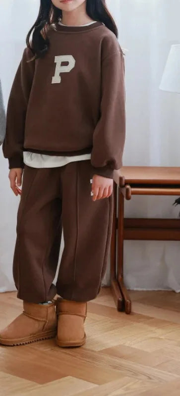 2025 Winter New Boys Girls Letter Sportswear Set Children Fleece Sweatshirt + Sweat Pants 2 Pcs Suit Kids Baby Warm Tracksuit