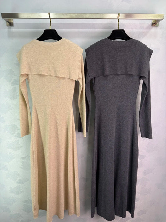 25 New style long-sleeved knitted shawl dress for women, V-neck button semi-open shawl two-piece dress