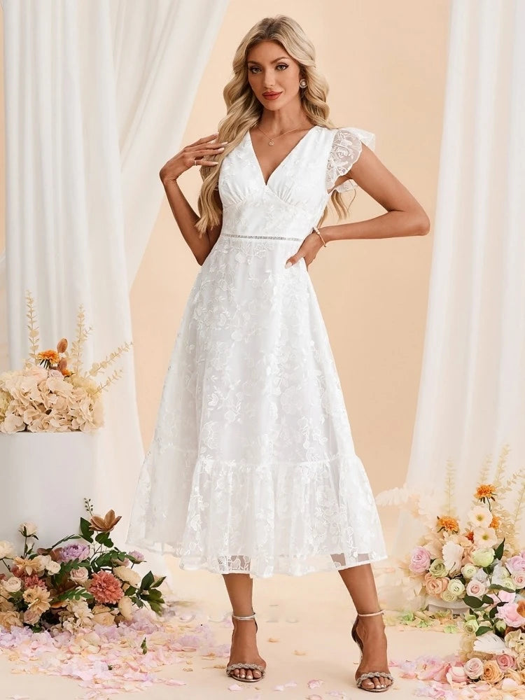 Embroidered V-Neck Short Sleeve A-line Tulle Midi Dress