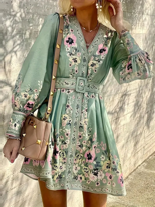 Women's Boho Floral Print V-Neck Dress - Lantern Long Sleeves, A-Line with Belt - Lightweight Polyester Spring/Summer Casual Max