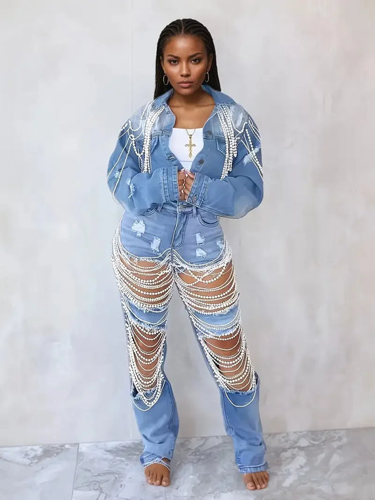 Women's Embroidered Denim Jacket with Pearl Chains, Handmade Beaded Casual Jacket Coat for Women Streetwear Spring/Summer Fashio