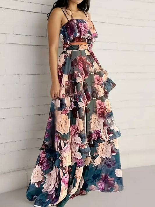 Casualvista Floral Summer Two-Piece Set: Elegant Off-Shoulder Ruffled Crop Top & Flowing Maxi Skirt - Lightweight Polyester, Per