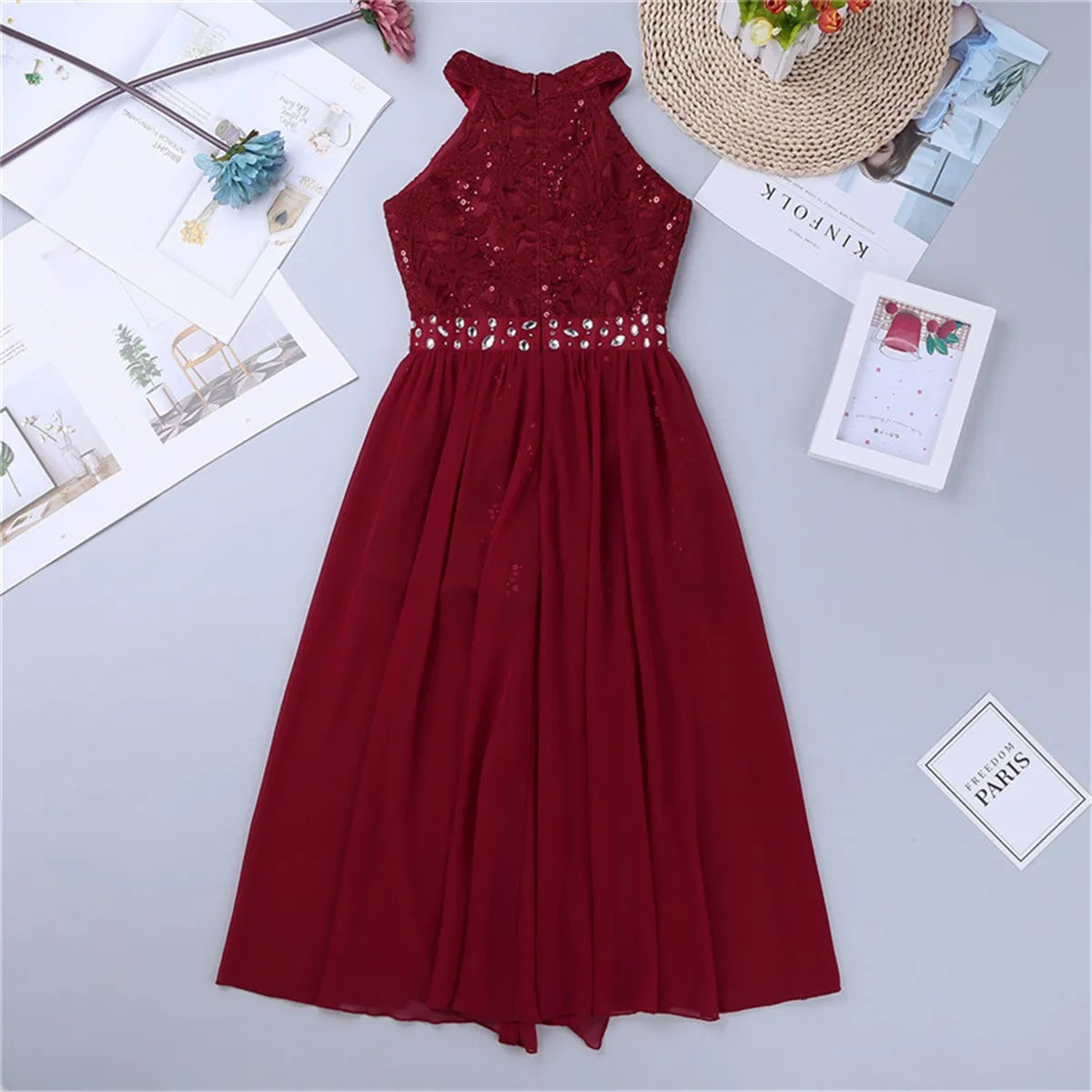 Children's Girls Maxi Romper Dress Sleeveless Floral Lace Rhinestone vestidos Kids Performance Dance Dress Girls Summer Dress