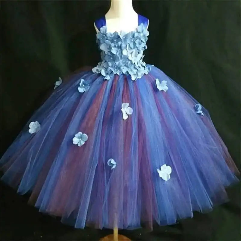 Girls black Flower Petals Tutu Dress Kids Crochet Tulle Dress Ball Gown Children Birthday Wedding Party Costume Evening Dress