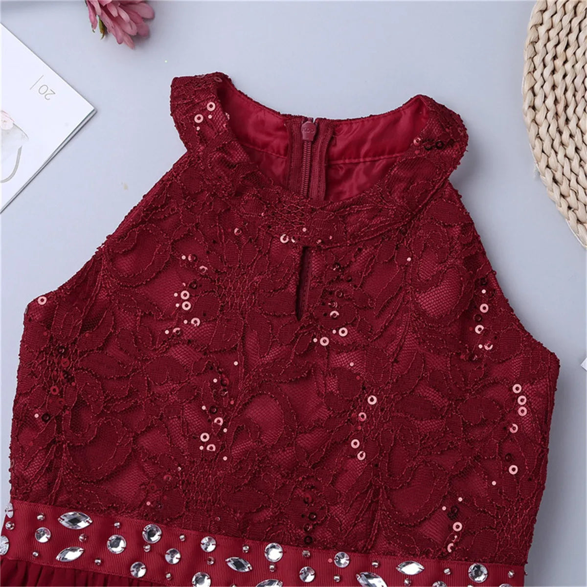Children's Girls Maxi Romper Dress Sleeveless Floral Lace Rhinestone vestidos Kids Performance Dance Dress Girls Summer Dress