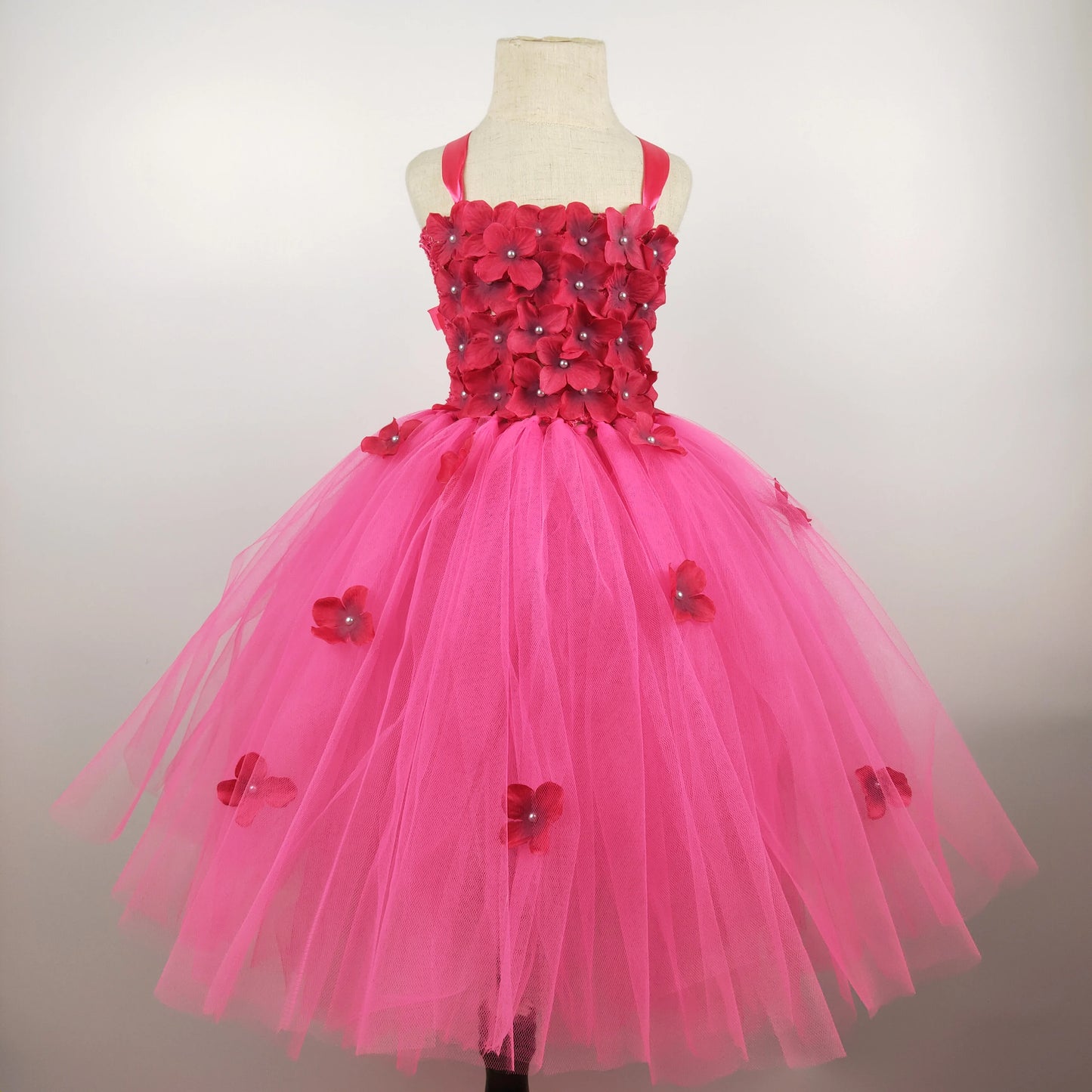 Girls black Flower Petals Tutu Dress Kids Crochet Tulle Dress Ball Gown Children Birthday Wedding Party Costume Evening Dress