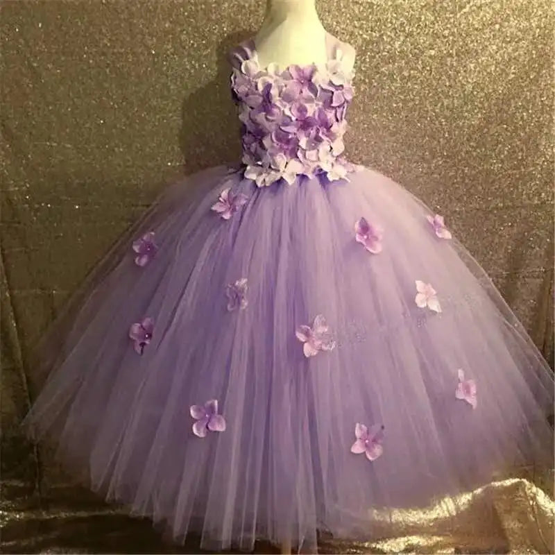 Girls black Flower Petals Tutu Dress Kids Crochet Tulle Dress Ball Gown Children Birthday Wedding Party Costume Evening Dress