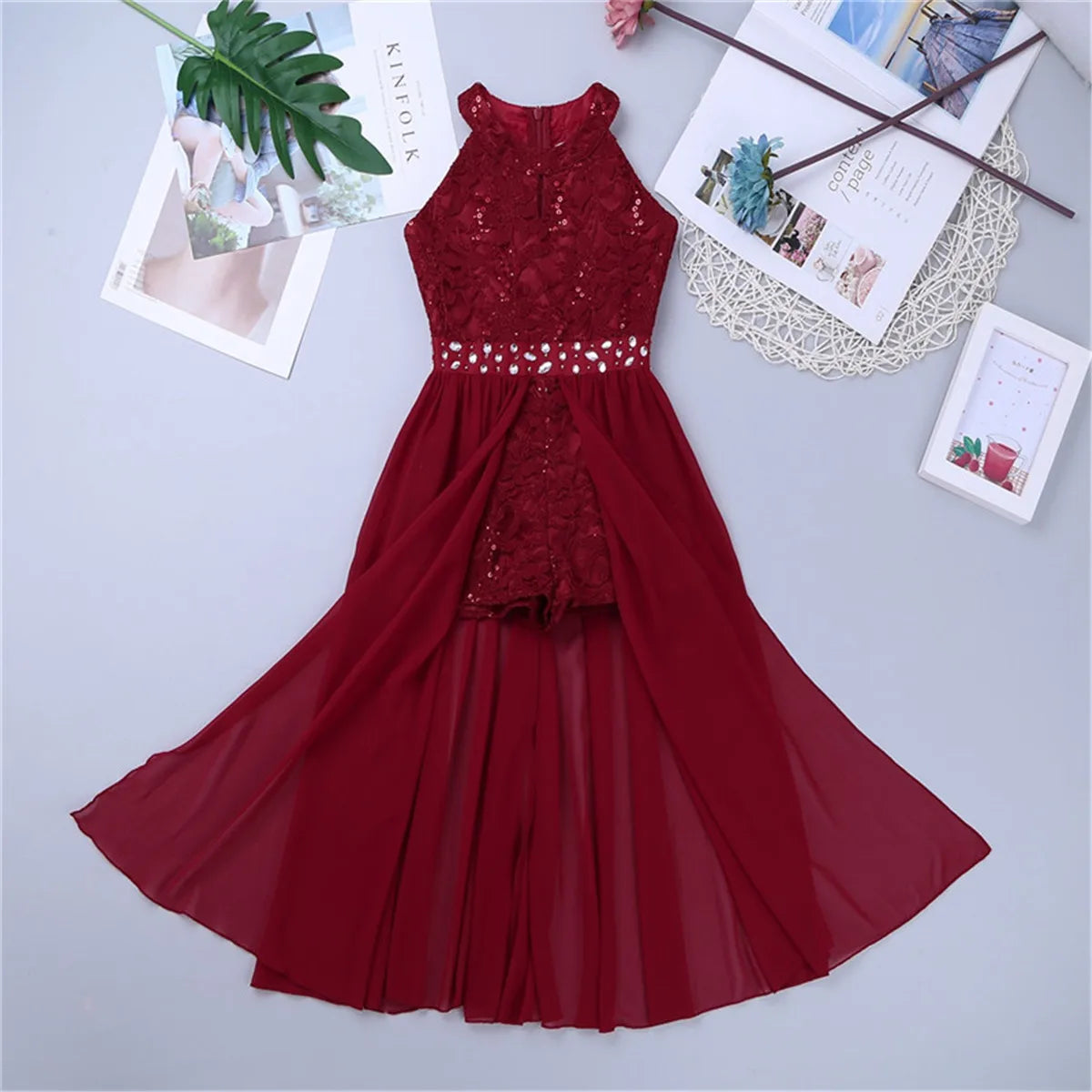 Children's Girls Maxi Romper Dress Sleeveless Floral Lace Rhinestone vestidos Kids Performance Dance Dress Girls Summer Dress