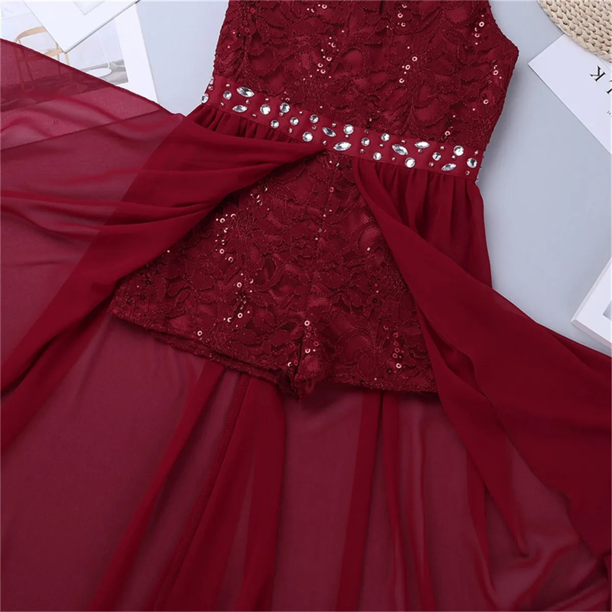 Children's Girls Maxi Romper Dress Sleeveless Floral Lace Rhinestone vestidos Kids Performance Dance Dress Girls Summer Dress