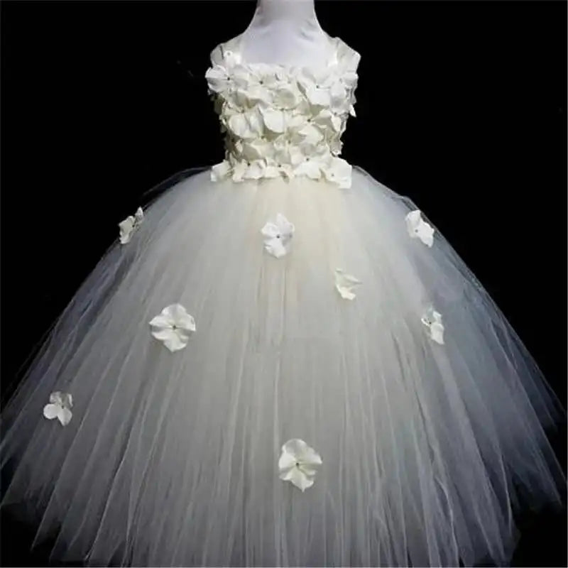 Girls black Flower Petals Tutu Dress Kids Crochet Tulle Dress Ball Gown Children Birthday Wedding Party Costume Evening Dress