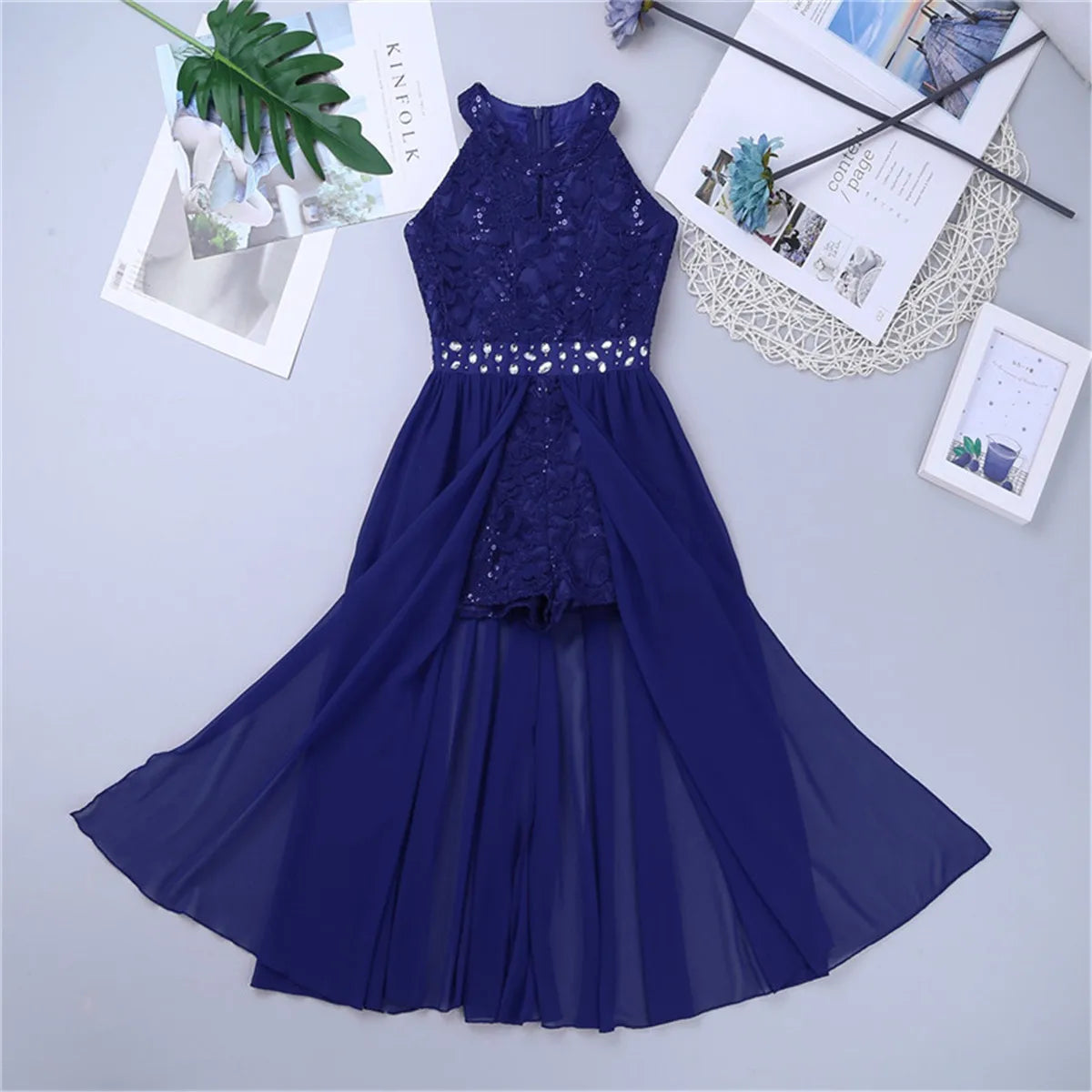 Children's Girls Maxi Romper Dress Sleeveless Floral Lace Rhinestone vestidos Kids Performance Dance Dress Girls Summer Dress