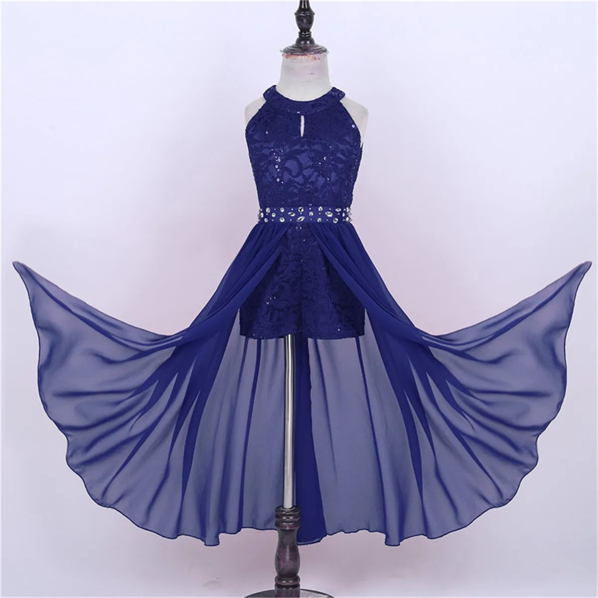 Children's Girls Maxi Romper Dress Sleeveless Floral Lace Rhinestone vestidos Kids Performance Dance Dress Girls Summer Dress