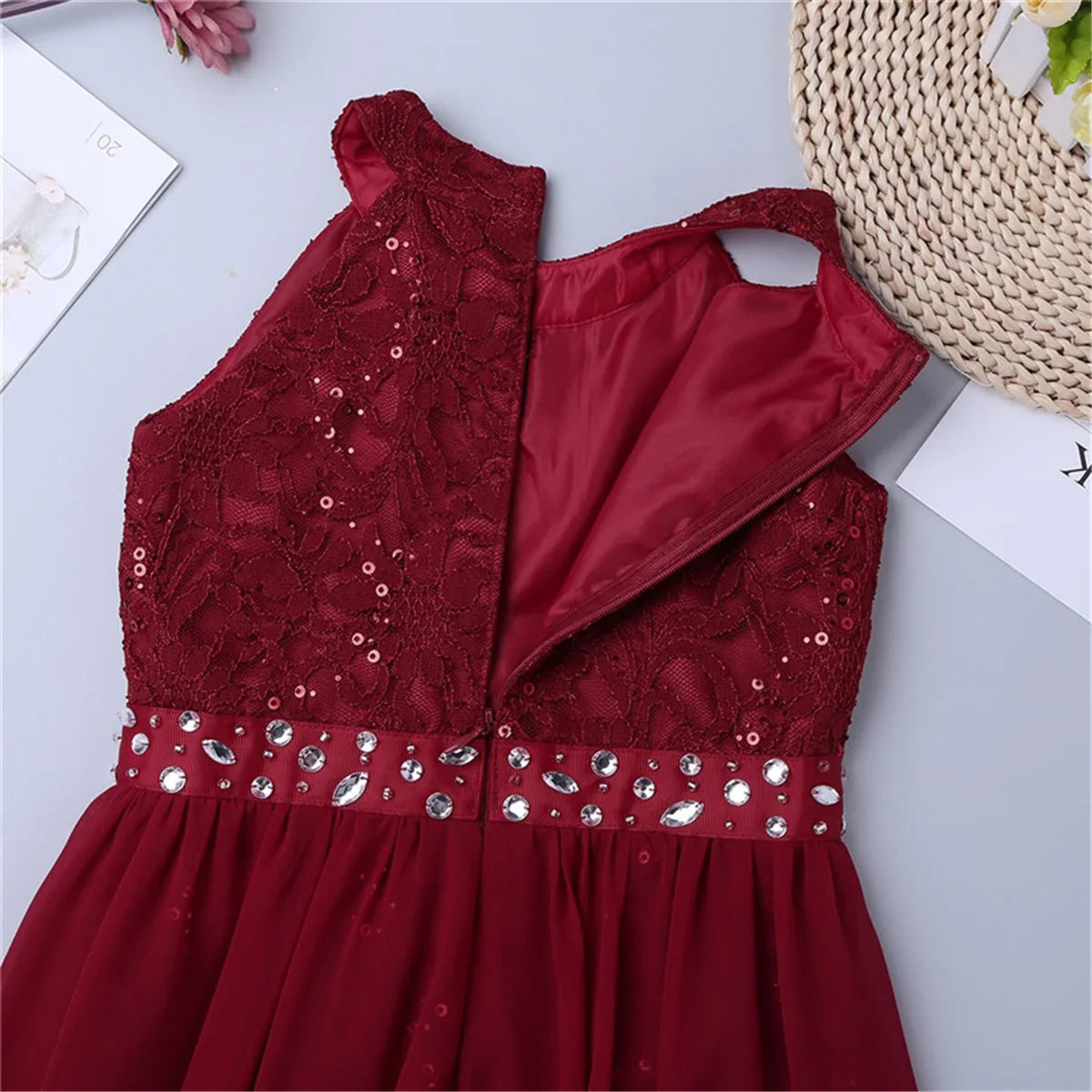Children's Girls Maxi Romper Dress Sleeveless Floral Lace Rhinestone vestidos Kids Performance Dance Dress Girls Summer Dress