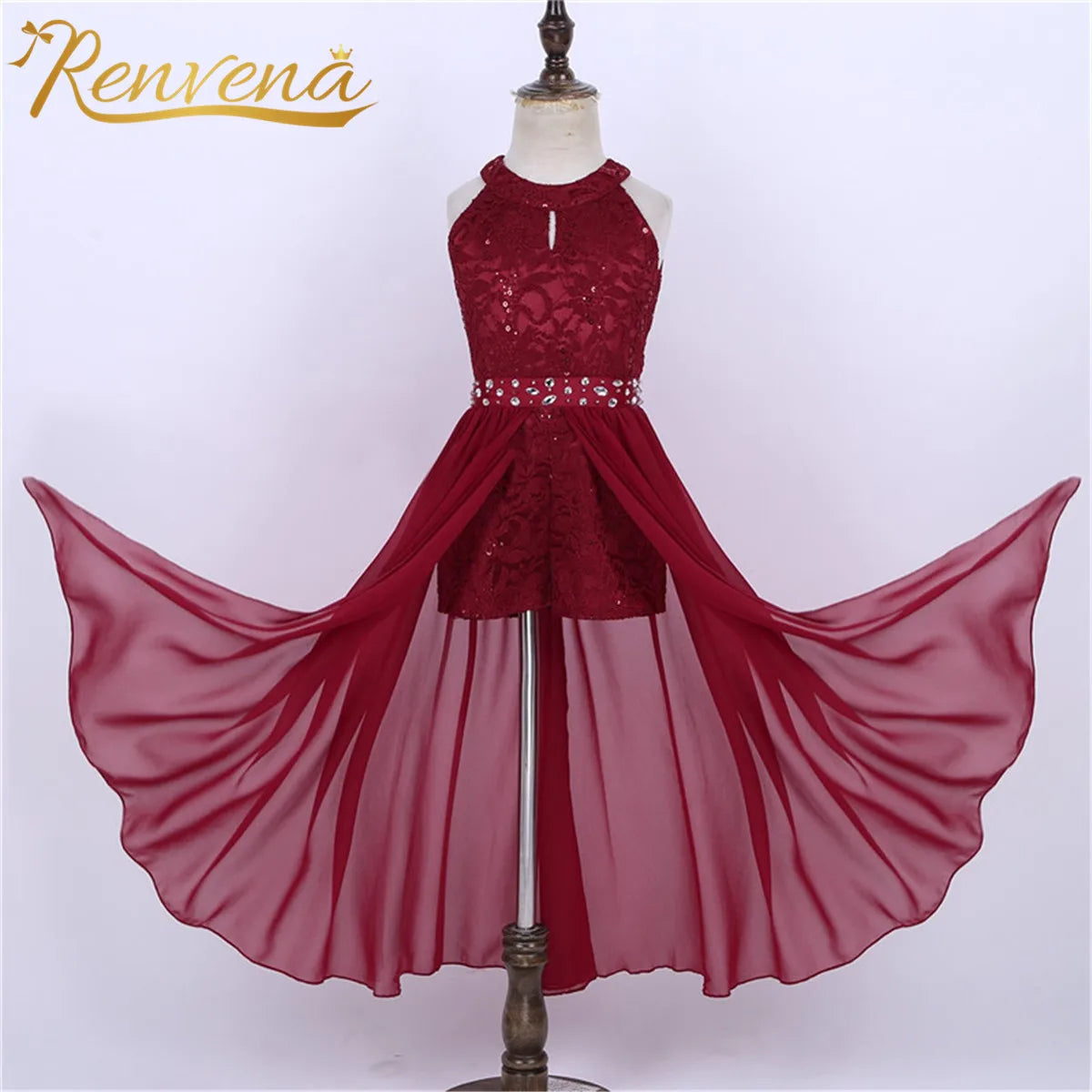 Children's Girls Maxi Romper Dress Sleeveless Floral Lace Rhinestone vestidos Kids Performance Dance Dress Girls Summer Dress