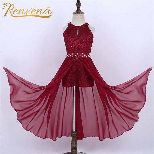 Children's Girls Maxi Romper Dress Sleeveless Floral Lace Rhinestone vestidos Kids Performance Dance Dress Girls Summer Dress