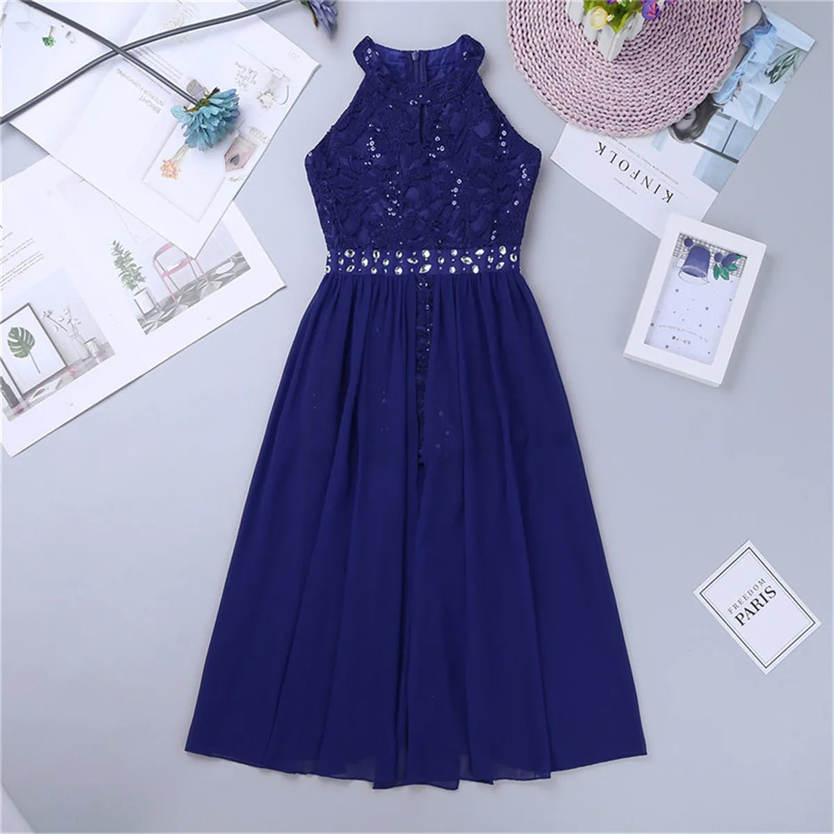 Children's Girls Maxi Romper Dress Sleeveless Floral Lace Rhinestone vestidos Kids Performance Dance Dress Girls Summer Dress