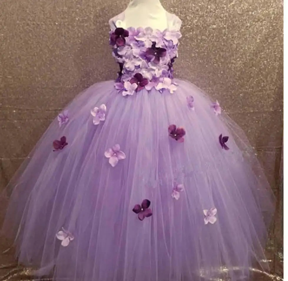Girls black Flower Petals Tutu Dress Kids Crochet Tulle Dress Ball Gown Children Birthday Wedding Party Costume Evening Dress