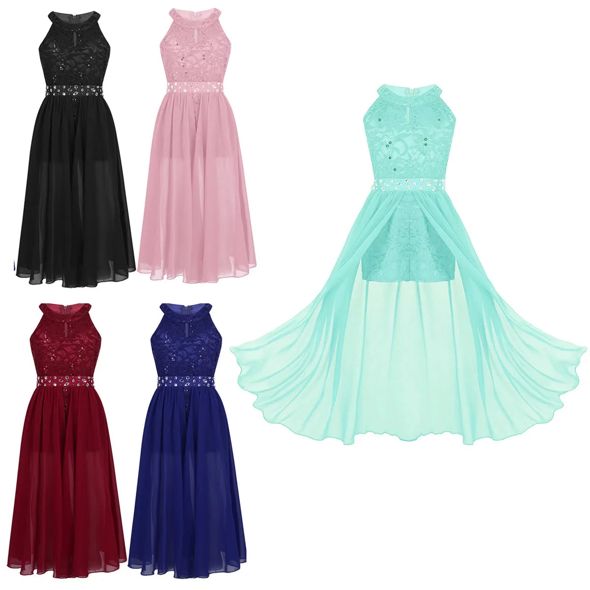 Children's Girls Maxi Romper Dress Sleeveless Floral Lace Rhinestone vestidos Kids Performance Dance Dress Girls Summer Dress