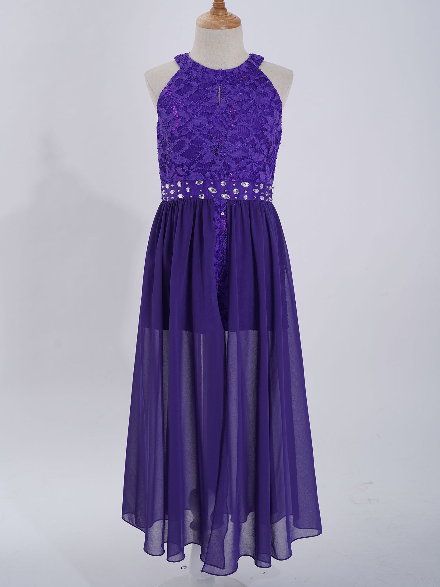 Children's Girls Maxi Romper Dress Sleeveless Floral Lace Rhinestone vestidos Kids Performance Dance Dress Girls Summer Dress