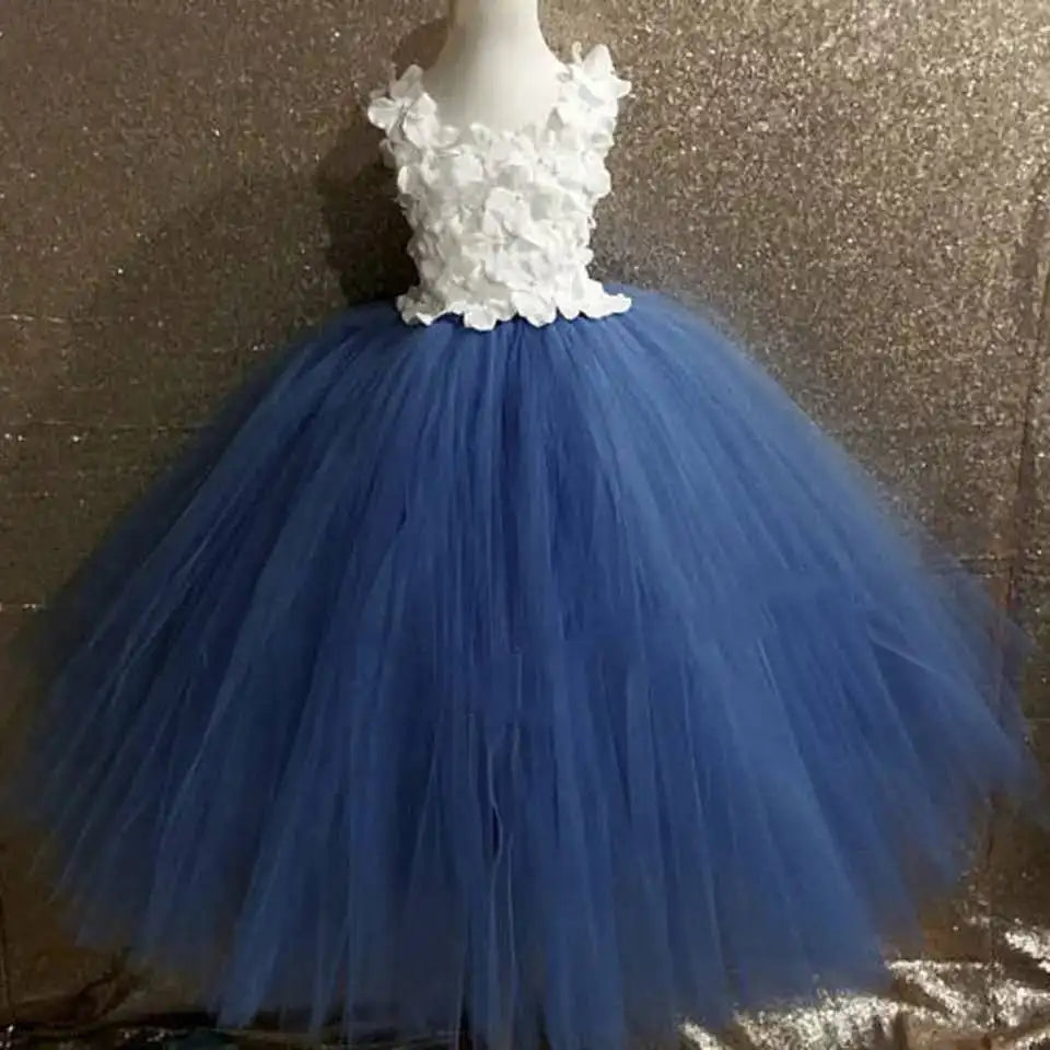 Girls black Flower Petals Tutu Dress Kids Crochet Tulle Dress Ball Gown Children Birthday Wedding Party Costume Evening Dress