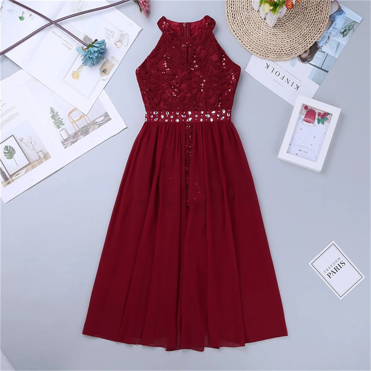 Children's Girls Maxi Romper Dress Sleeveless Floral Lace Rhinestone vestidos Kids Performance Dance Dress Girls Summer Dress