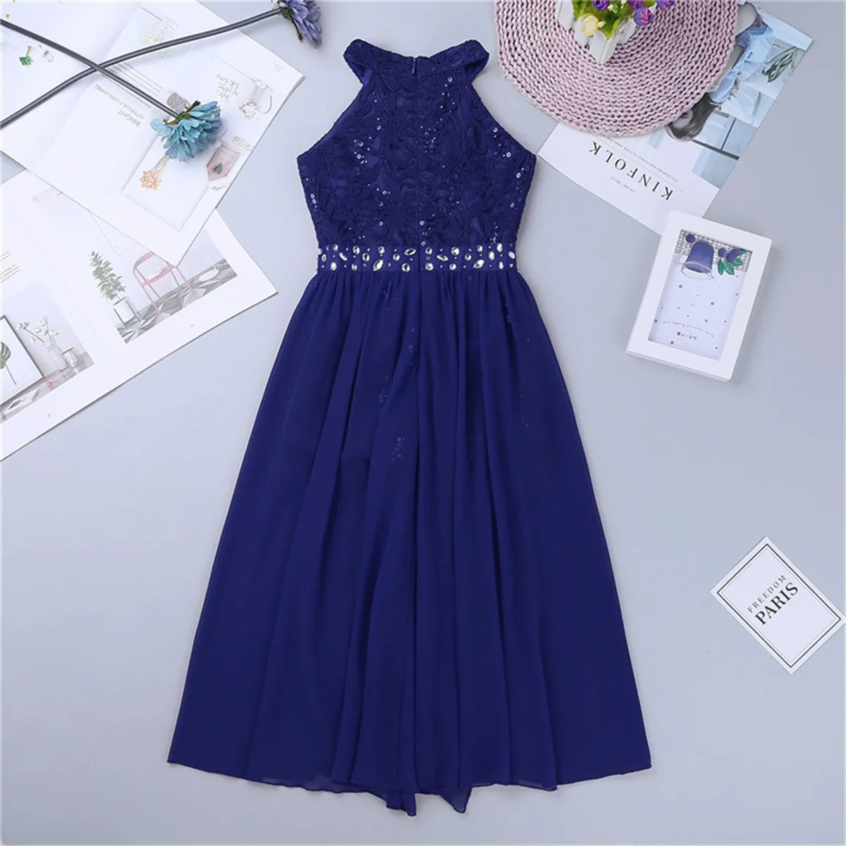 Children's Girls Maxi Romper Dress Sleeveless Floral Lace Rhinestone vestidos Kids Performance Dance Dress Girls Summer Dress