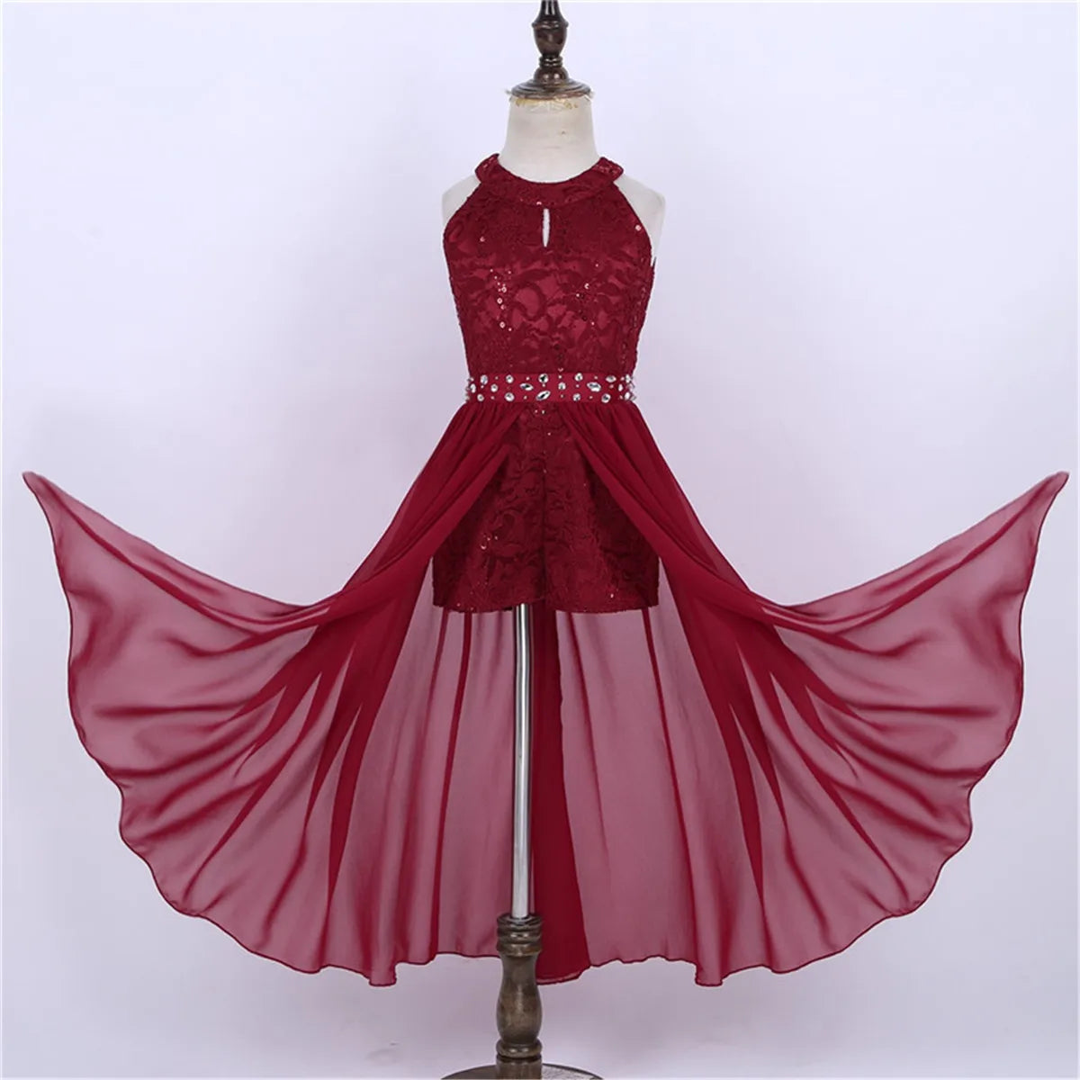 Children's Girls Maxi Romper Dress Sleeveless Floral Lace Rhinestone vestidos Kids Performance Dance Dress Girls Summer Dress