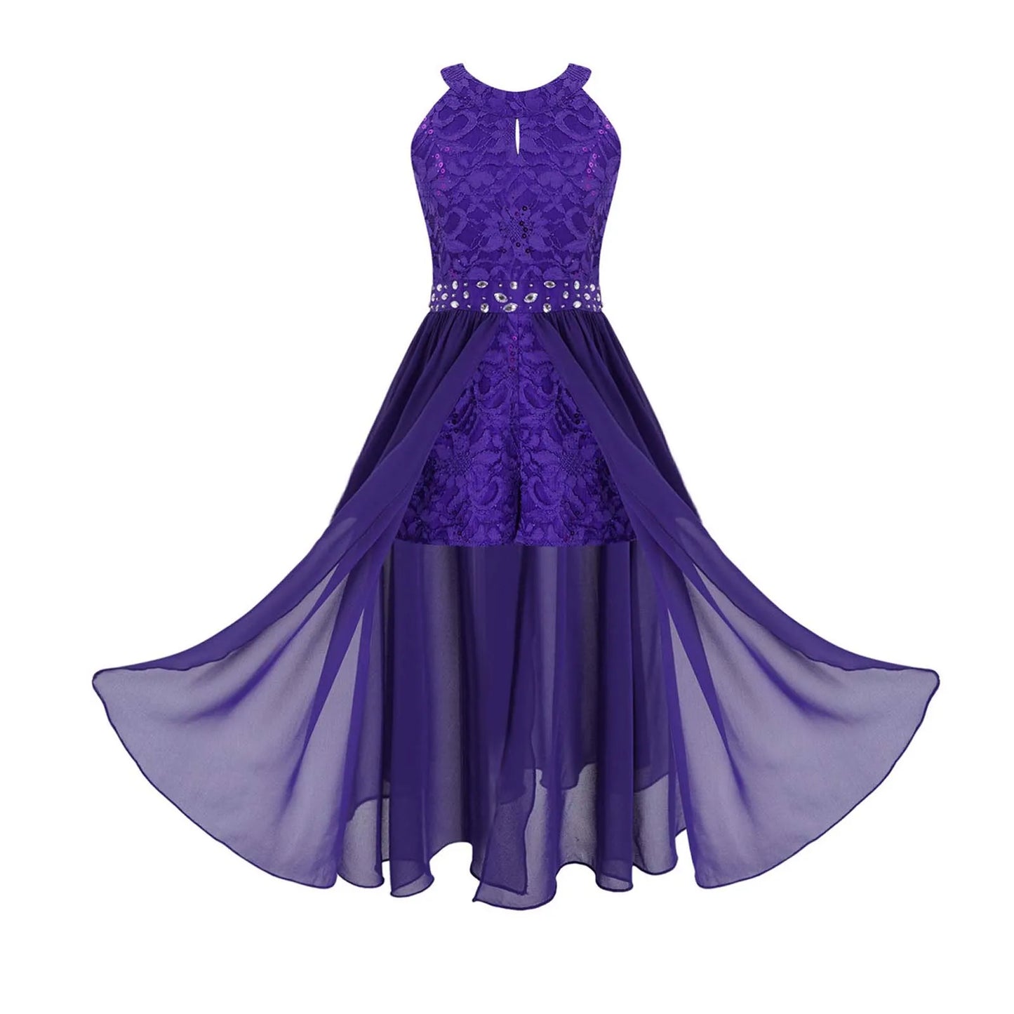 Children's Girls Maxi Romper Dress Sleeveless Floral Lace Rhinestone vestidos Kids Performance Dance Dress Girls Summer Dress