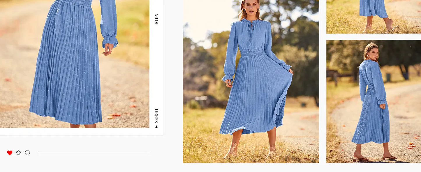 Women's Spring Fall Midi Dress Casual Long/Short Sleeve Elegant and fashionable V Neck Swiss Dot Pleated A Line Flowy Dresses