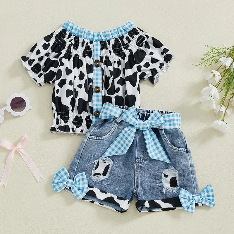 Girls Summer Outfit Leopard Print Sleeveless Top and Distressed Denim Shorts with Frayed Hem and Belt Set